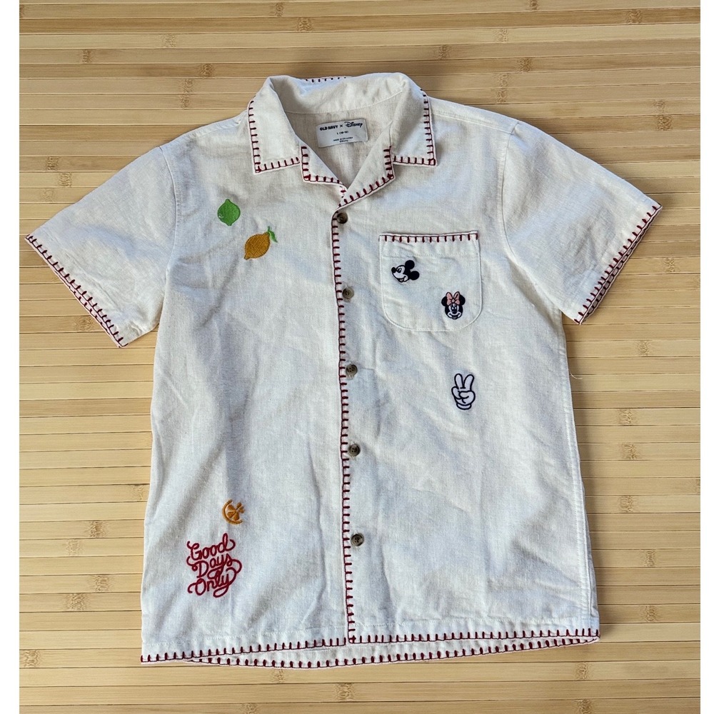 Old Navy Disney Kids Linen Blend Embroidered Mickey Minnie Shirt White L 10-12